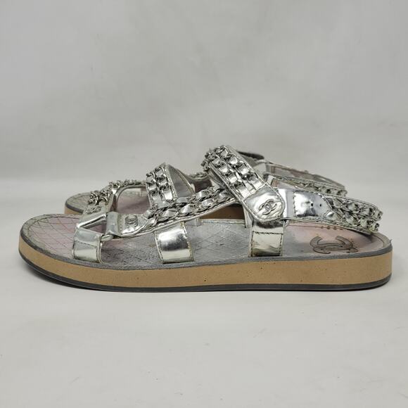 CHANEL Sandals IT39.5 US9.5 Silver Leather Flat Chain Coco Mark Sport 2002 Logo - Picture 8 of 16
